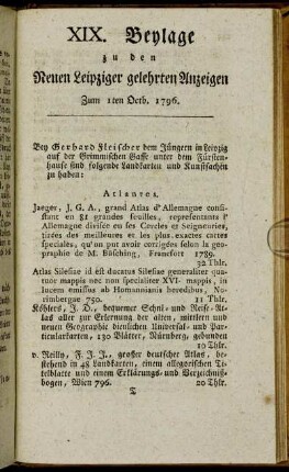 XIX. Beylage zu den Leipziger gelehrten Anzeigen - Zum 1sten Octb. 1796.