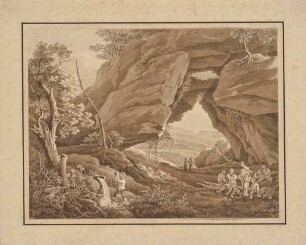 Die Kleinsteinhöhle an der Einmündung des Goldbaches in den Saupsdorfer Bach in der Sächsischen Schweiz, im Vordergrund ein trinkender Junge, aus Albina - Taschenbuch für Wanderer in der sächsischen Schweiz?