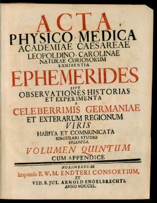 Volumen Quintum: Acta Physico-Medica Academiae Caesareae Leopoldino-Carolinae Naturae Curiosorum