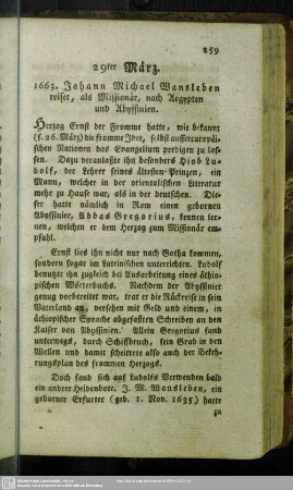 29ter März. 1663. Johann Michael Wansleben reiset, als Missionär, nach Aegypten und Abyssinien