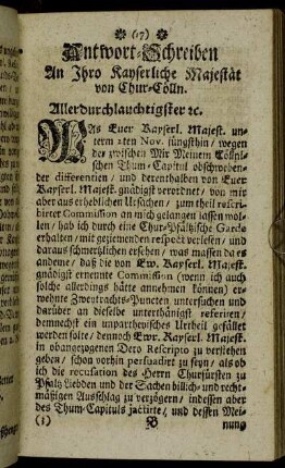 Antwort-Schreiben An Ihro Kayserlilche Majestät von Chur-Cölln.