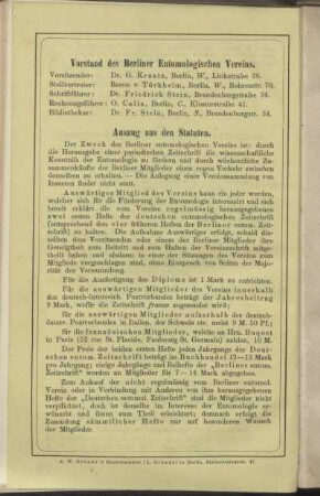 Vorstand des Berliner Entomologischen Veriens - Auszug aus den Statuten