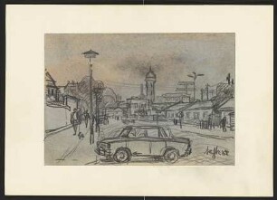 Colorierte Kreidezeichnung von Karl-Heinz Klingbeil: Blick in die Revalerstraße (1988)