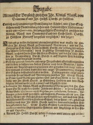 Altonaischer Vergleich zwischen Ihr. Königl. Mayst. von Dennemarck und Ihr. Hochfl. Durchl. zu Hollstein.