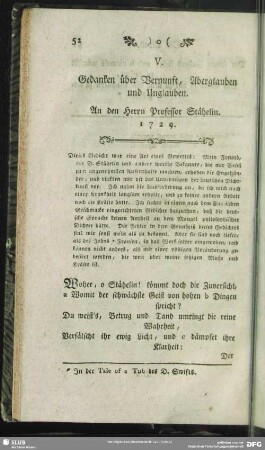 V. Gedanken über Vernunft, Aberglauben und Unglauben. An den Herrn Prfessor Stähelin. 1729