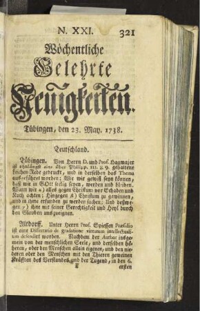 N. XXI. Tübingen, den 23. May. 1738