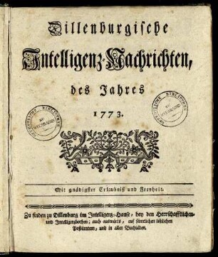1773: Dillenburgische Intelligenz-Nachrichten, des Jahres 1773