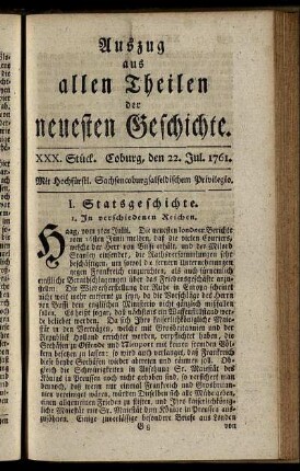XXX. Stück. Coburg, den 22. Jul. 1761.