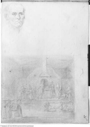 Skizzenbuch, Oben: Portraitstudie eines Mannes; unten: Interieur, wahrscheinlich eine Bäckerei