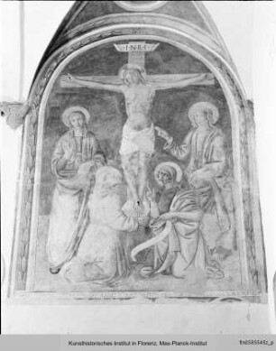 Kreuzigung mit Maria, Johannes und zwei männlichen Heiligen