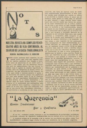 Notas - Nuestra revista ha cumplido veinticuatro años de vida continuada, al servicio de la causa tradicionalista : Debería nacionalizarla el gobierno
