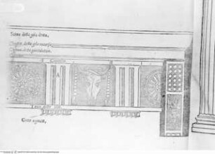 Regole generali di architetura sopra le cinque maniere de gli edifici, cioe, thoscano, dorico, ionico, corinthio, et composito con gli essempi dell'antiquita, che, per la magior parte concordano con la dottrina di Vitruvio / (Sebastiano Serlio) Venetia : Francesco Marcolino, 1537. - S. II-V, VI-LXXVI vielm. LXXXVIII gez. Bl. : Ill. Das ist das als erstes erschienene Buch 4 von Serlio's Architekturtraktat in 7 Bänden. 1. AuflageFolio XX verso: Architekturdetails: Architrav, Gesims - Regole generali di architetura