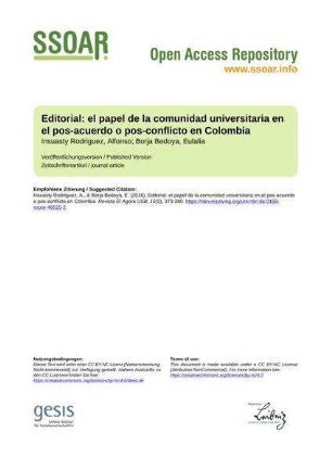 Editorial: el papel de la comunidad universitaria en el pos-acuerdo o pos-conflicto en Colombia