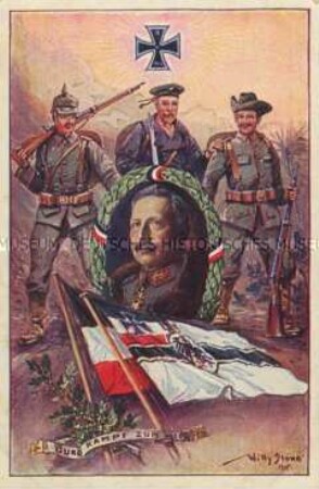 Patriotische Postkarte mit Soldaten verschiedener Waffengattungen