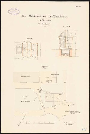 Lehrerseminar, Pilchowitz: Lageplan 1:500. Abort: Grundriss, Querschnitt 1:100