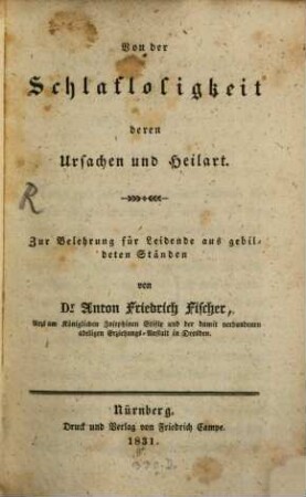 Von der Schlaflosigkeit, deren Ursachen und Heilart