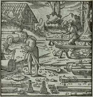 Agricola, Bergbau, Mittelalter, Aufbereitung: Herrichten d. Pochstempel u. -welle, Agricola 1556