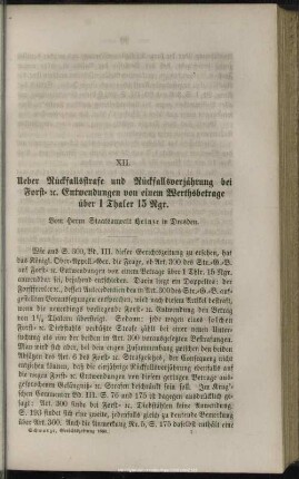 XII. Ueber Rückfallstrafe und Rückfallverjährung bei Forst- [et]c . Entwendung von einem Werthsbetrage über 1 Thaler 15 Ngr.