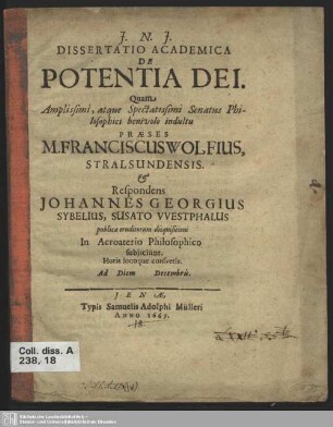 Dissertatio Academica De Potentia Dei