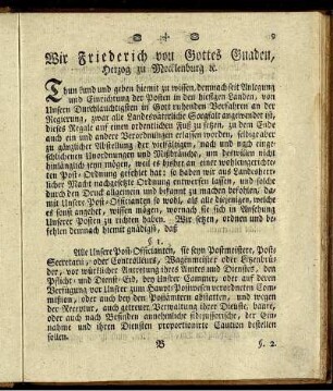 Wir Friederich von Gottes Gnaden, Herzog zu Mecklenburg ...