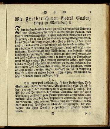 Wir Friederich von Gottes Gnaden, Herzog zu Mecklenburg ...