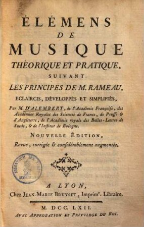 Élemens de Musique théorique et pratique, suivant les principes de M. Rameau
