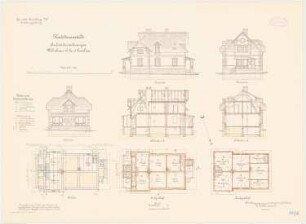 Kadettenanstalt der Garnison, Naumburg/Saale: Wohnhaus C für fünf Familien: Grundriss Keller, Erdgeschoss, Dachgeschoss, Aufriss Nordansicht, Ostansicht, Westansicht, Längsschnitt, Querschnitt 1:100