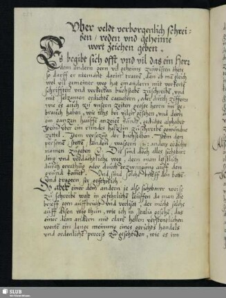Vber veldt verborgenlich schreiben, reden vnd geheime wort Zeichen geben.