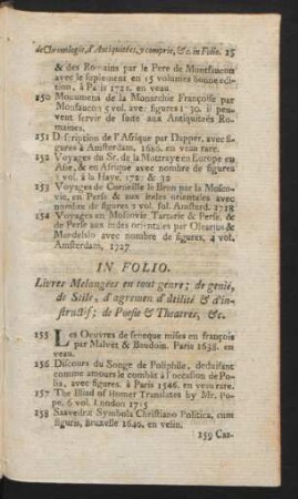 In Folio. Livres Melangées en tout genre; de genié, de Stile, d'agremen d'utilité & d'instructif; de Poesie & Theatres, &c.