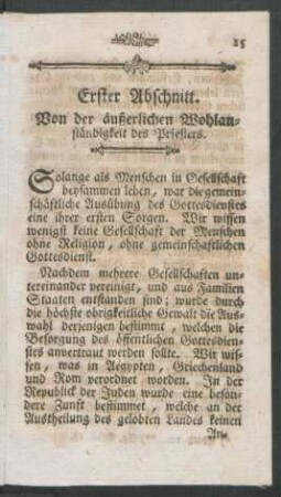 Erster Abschnitt. Von der äußerlichen Wohlanständigkeit des Priesters