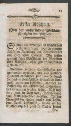Erster Abschnitt. Von der äußerlichen Wohlanständigkeit des Priesters