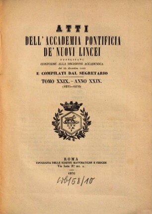 Atti dell'Accademia Pontificia dei Nuovi Lincei. 29, 29. 1875/76 (1876)