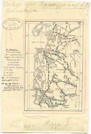 [147]: Übersichtsskizze der vergletscherten Region im südlichen Westpatagonien : [Vorlage zur Textskizze auf S.26 des Manuskriptes.]