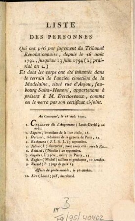 Liste Des Personnes Qui ont péri par jugement du Tribunal Révolutionnaire, depuis le 26 août 1792, jusqu'au 13 juin 1794 (25 prairial an 2) Et dont les corps ont été inhumés dans le terrain de l'ancien cimetière de la Madelaine, ...