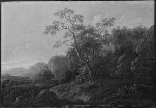 Gebirgslandschaft mit Reiter und rastenden Bauern vorne rechts