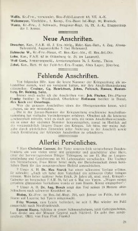 25 Neue Anschriften, Fehlende Anschriften, Allerlei Persönliches.