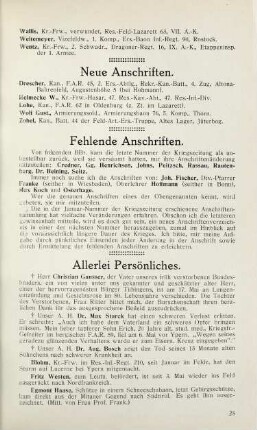 25 Neue Anschriften, Fehlende Anschriften, Allerlei Persönliches.