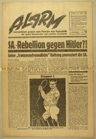 Republikanische Wochenzeitung "Alarm" u.a. über Differenzen zwischewn der SA und der NSDAP-Führung