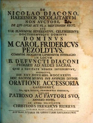 De Nicolao diacono, haereseos Nicolaitarum non auctore, de quo Lucas Act. VI, 5. mentionem fecit