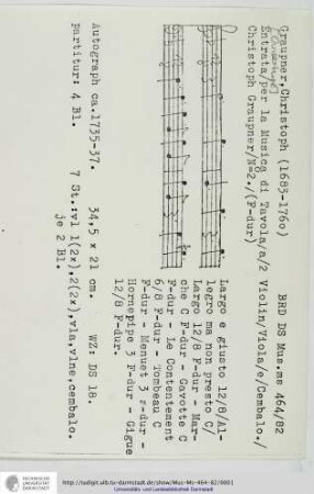 Entrata / per la Musica di Tavola / a / 2 Violin / Viola / e / Cembalo. / Christoph Graupner / No 2.