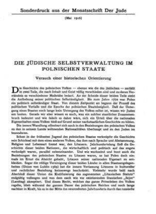Die jüdische Selbstverwaltung im polnischen Staate : Versuch einer historischen Orientierung / [Verf.: Salman Rubaschow]