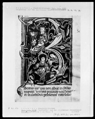 Psalterium aus dem Augsburger Dominikanerkloster — Initiale B (Beatus vir) mit David als Psalmist und thronendem Christus, Folio 1recto