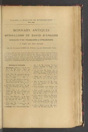 Supplément au Bulletin de numismatique. Mars 1895. Monnaies antiques médaillons de David d'Angers. Monnaies d'or françaises & étrangères