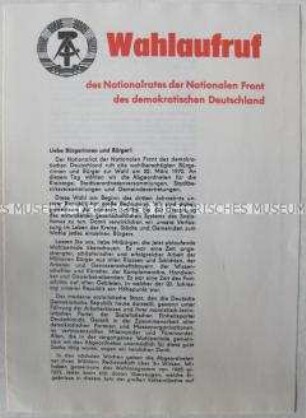 Flugschrift mit dem Wahlaufruf der Nationalen Front zur Volkskammerwahl 1970