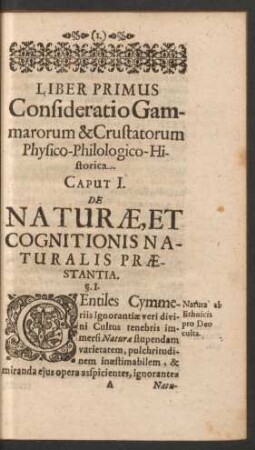 Liber Primus Consideratio Gammarorum & Crustatorum Physico-Philologico-Historica.