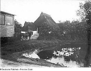 Blick über Dorfteich gegen schilfgedeckte Häuser