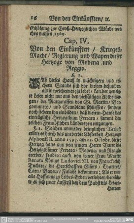 Cap. IV. Von den Einkünfften, Krieges-Macht, Regierung und Wapen dieser Hertzoge von Modena und Reggio