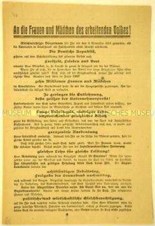 Programmatischer Beitritts- und Wahlaufruf der Unabhängigen Sozialdemokratischen Partei an die Frauen und Mädchen anlässlich der Reichstagswahl 1919