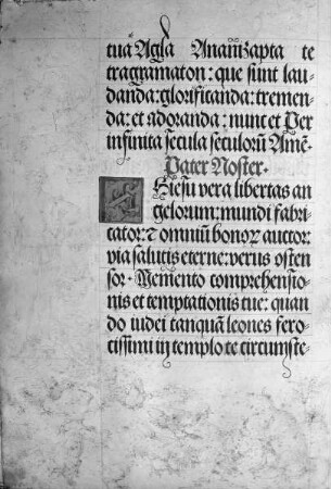 Gebetbuch Kaiser Maximilians I. — Mann mit Spieß; Fuchs lockt mit seiner Flöte Hühner herbei (als Illustration zu "führe uns nicht in Versuchung"), Folio 34verso