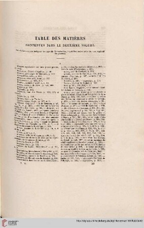 Table des matières contenues dans le deuxième volume